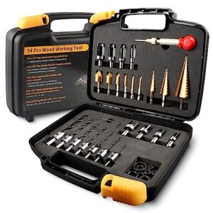 34 Pcs Woodworking Chamfer Drilling Tools Including 6 Countersink Drill Bit Set, 7 Countersink Drill Bit, 8 Plug Cutters for Woodworking, ZORUNNA 3 Step Drill Bit and 8 Drill Stop Bit Collar Set.