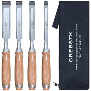 GREBSTK Professional Wood Chisel Set with Oxford Bag for Woodworking, CR-V Steel Chisel, Comfortable Beech Handle Wood Chisel, 4 Piece